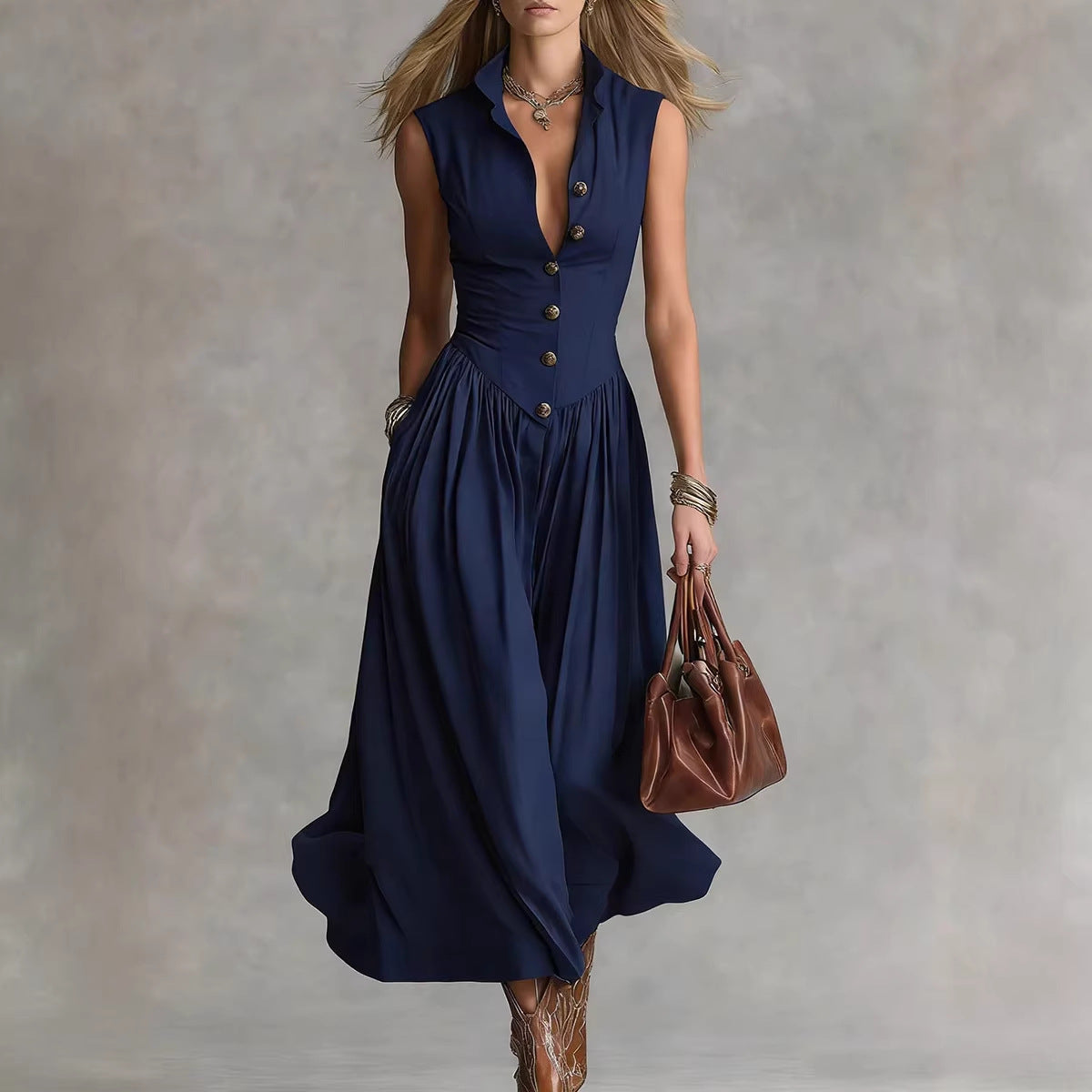Robe Longue Slim Chic Style Déesse Française avec Col Revers et Sans Manches pour Femme