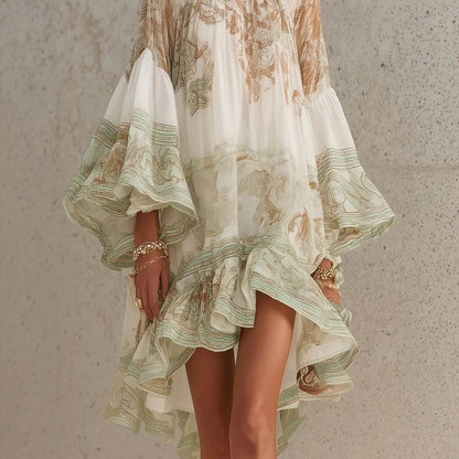 Mini-robe femme en polyester extensible imprimée bohème avec manches évasées à volants