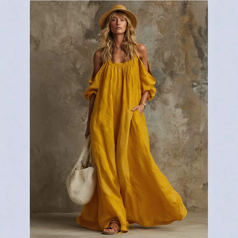 Robe longue caftan fluide blanche à manches bouffantes épaules dénudées avec poches