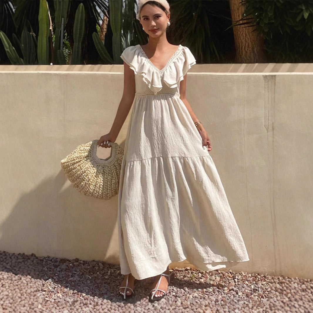 Robe longue maxi femme à col en V, manches volantées, coupe ample et étagée, idéale pour les vacances d'été.