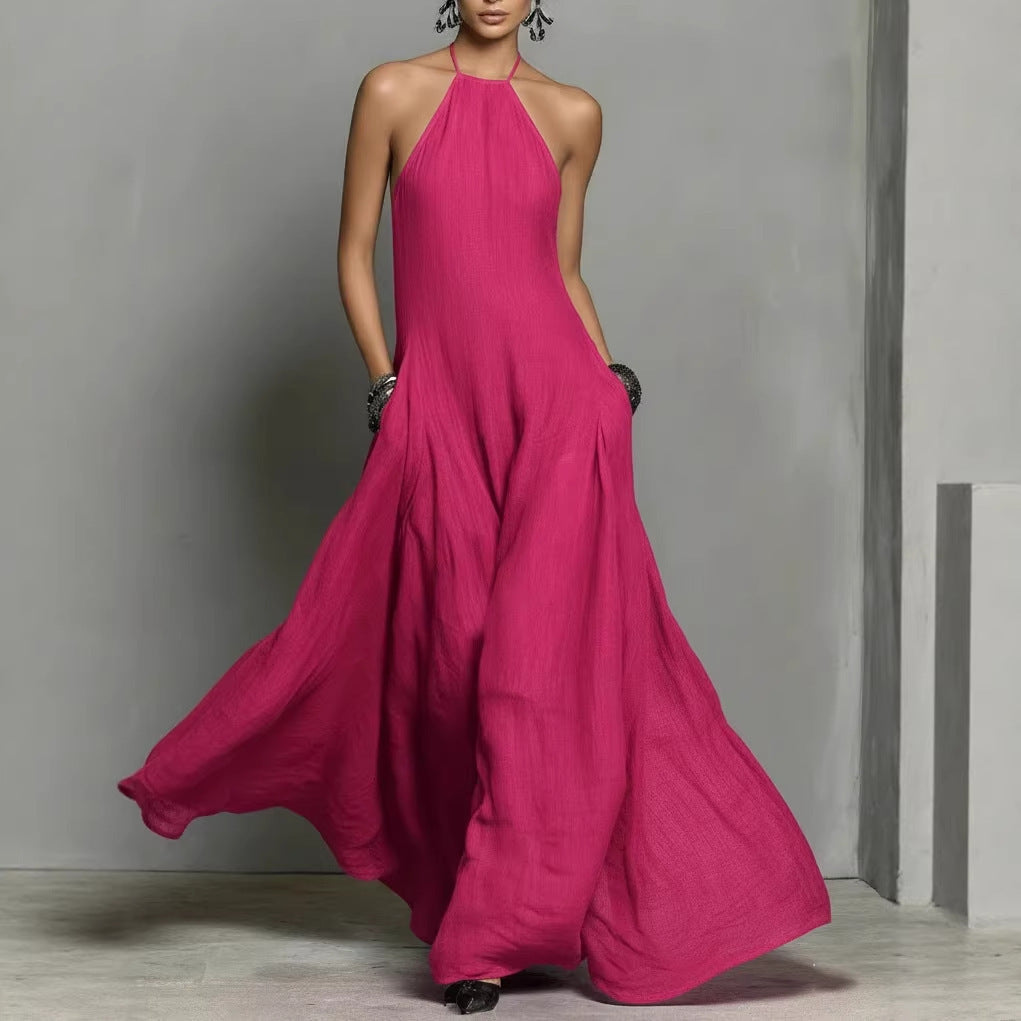 Robe longue simple sans manches à dos nu en mélange de coton et de lin