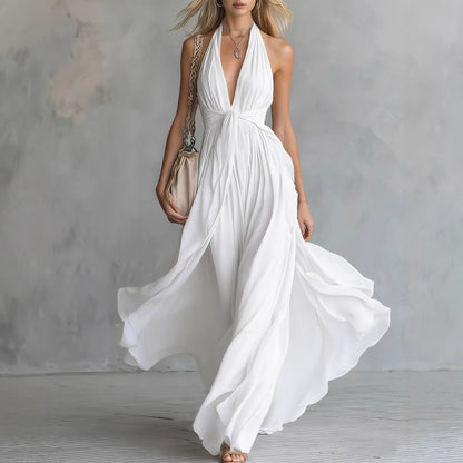 Robe taille sans manches sexy unie à col en V pour femmes