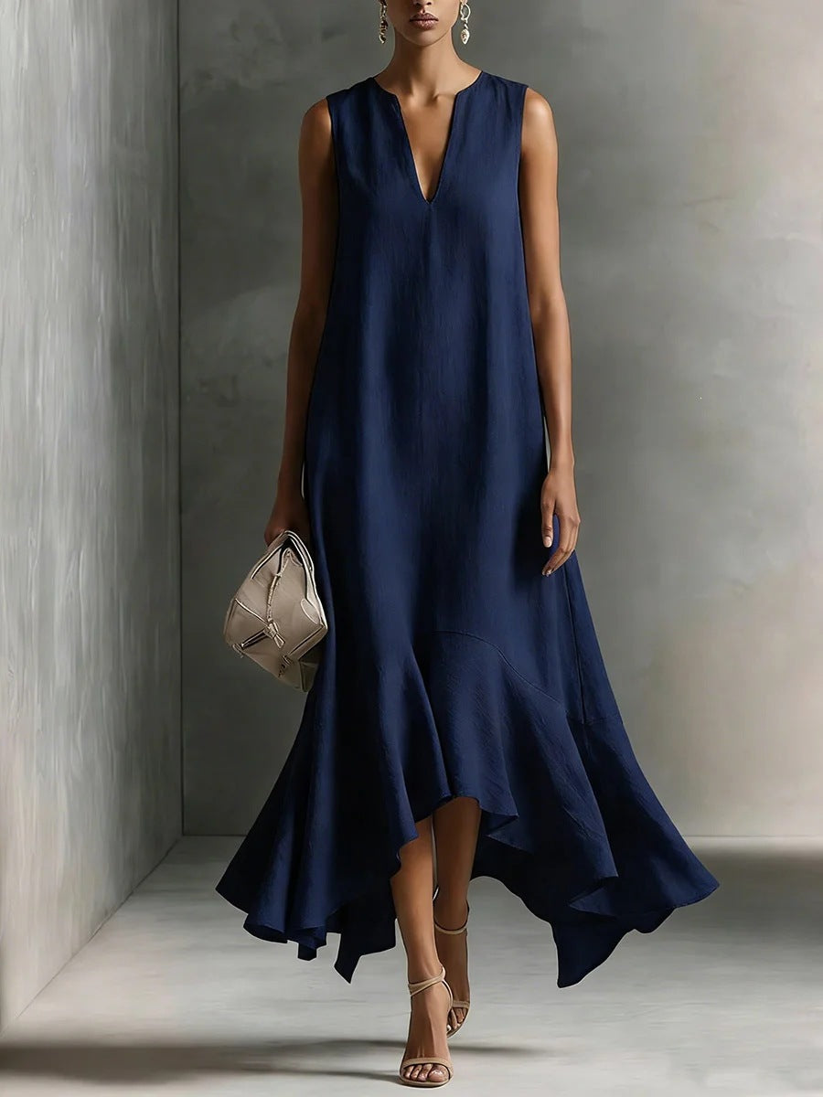 Robe midi sans manches en lin à col en V et ourlet volanté