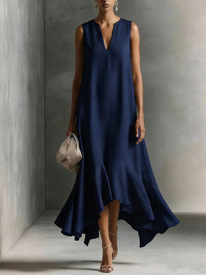 Robe midi sans manches en lin à col en V et ourlet volanté