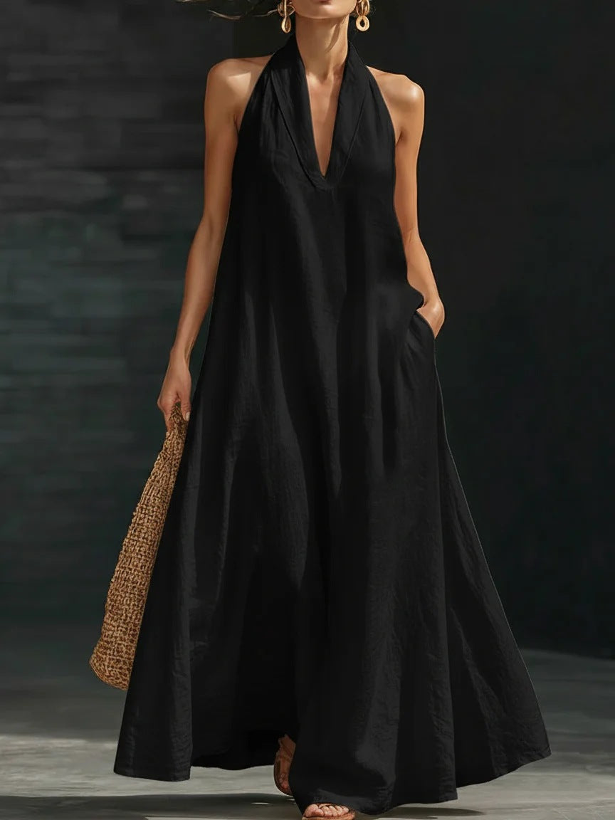 Elegant Black Halter Neck Maxi Dress - Casual Loose Cotton Linen Summer Dress with Pockets