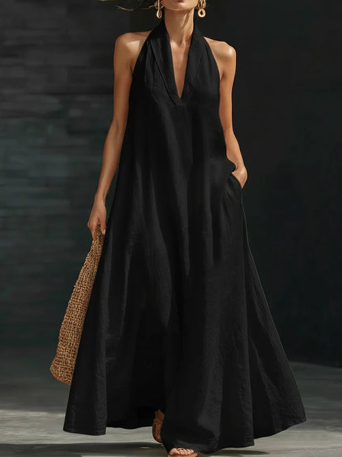 Elegant Black Halter Neck Maxi Dress - Casual Loose Cotton Linen Summer Dress with Pockets