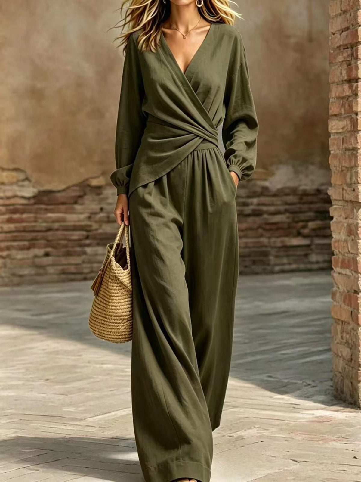 Ensemble Haut Cache-Cœur et Pantalon Large