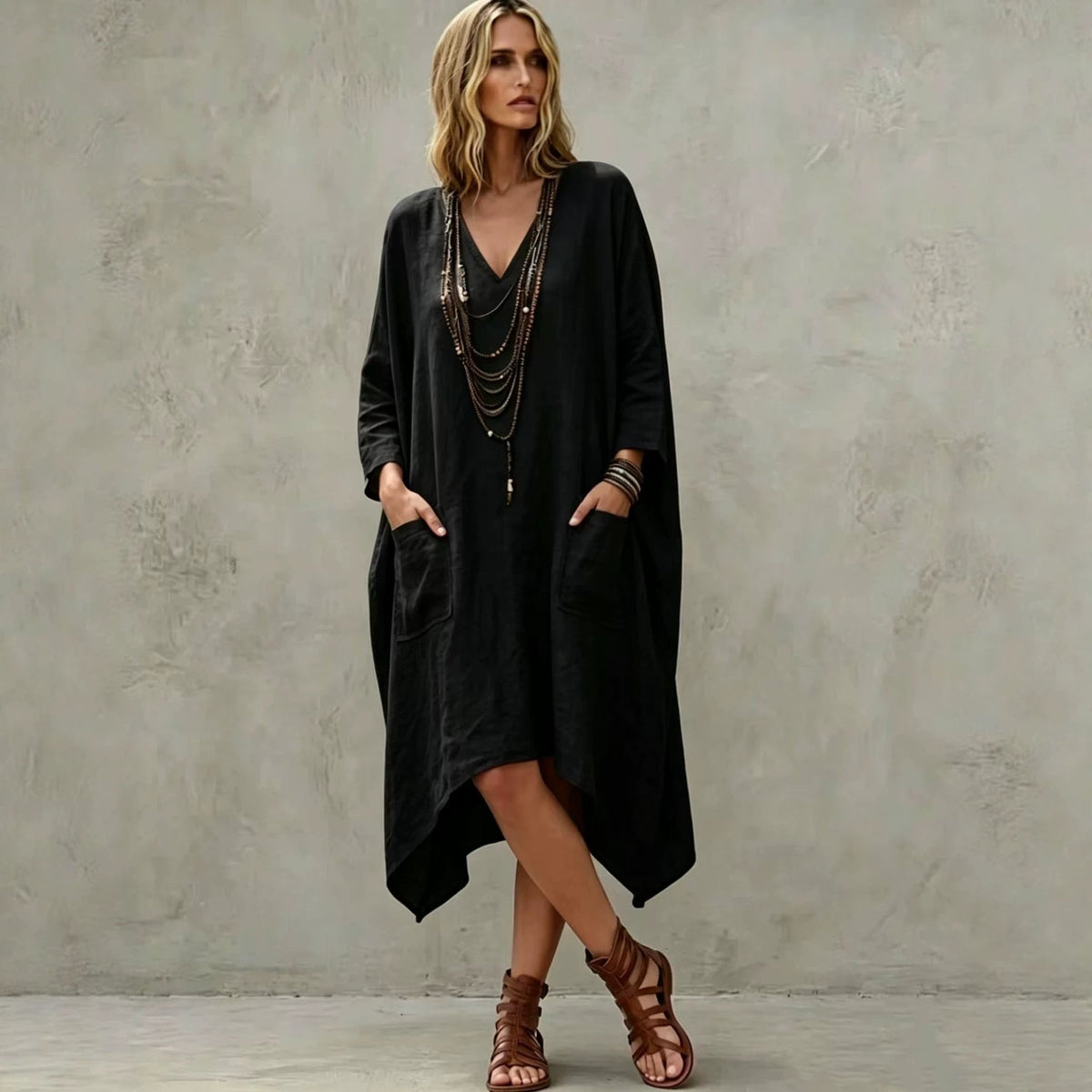 Robe midi en lin mélangé à col en V, manches 3/4, ourlet irrégulier et poches latérales
