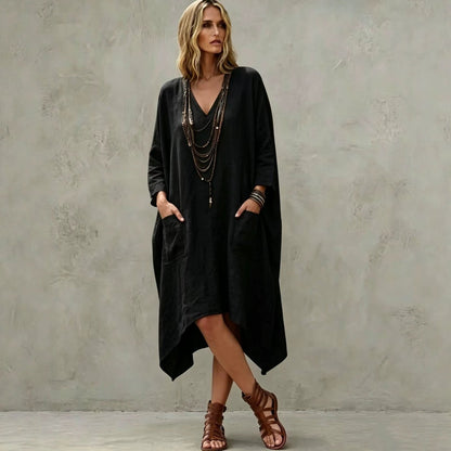 Robe midi en lin mélangé à col en V, manches 3/4, ourlet irrégulier et poches latérales