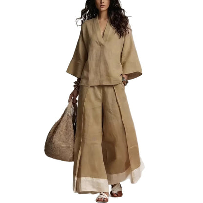 Ensemble chemise col V manches trois-quarts et pantalon large contrastant pour femme