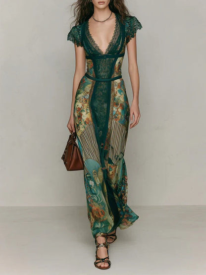 Deep V‑Neck Lace Cap Sleeve Vintage Print Maxi Dress