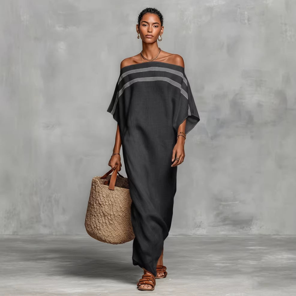 Robe longue caftan en lin à rayures, épaules dénudées et manches chauve-souris