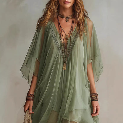 Robe 2 pièces en mousseline à col en V, style décontracté, pour les vacances à la mer, chemisier ample et jupe de plage