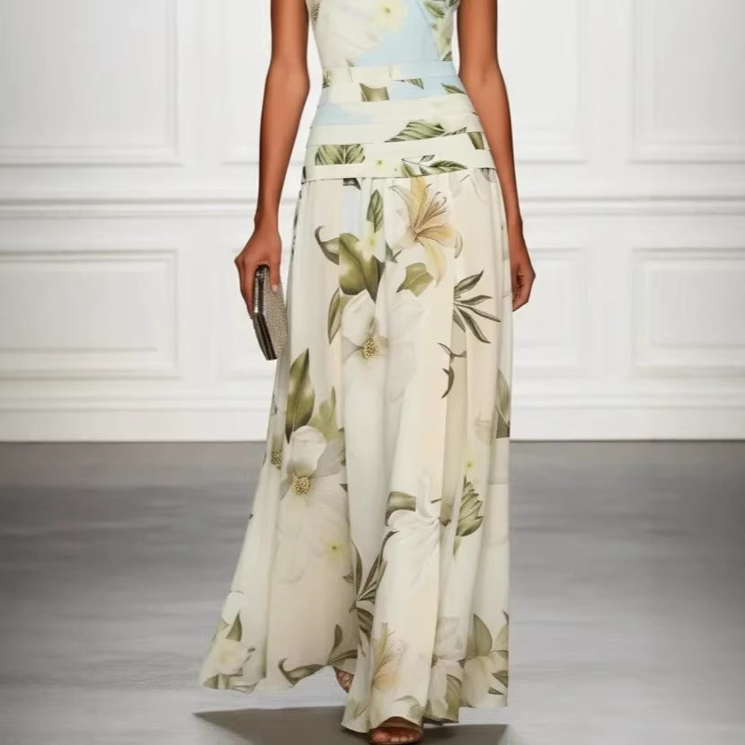 Robe longue vintage style color block à imprimé floral lys