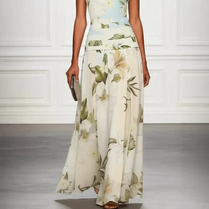Robe longue vintage style color block à imprimé floral lys