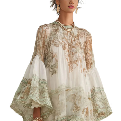 Mini-robe femme en polyester extensible imprimée bohème avec manches évasées à volants