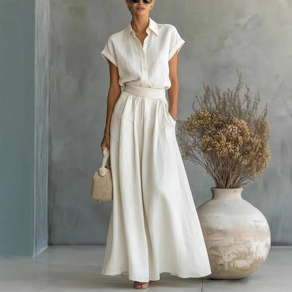 Ensemble deux pièces chemise et pantalon large de couleur unie décontracté printemps et été