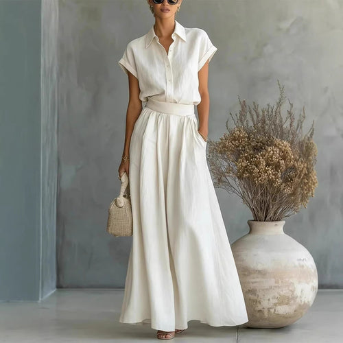 Ensemble deux pièces chemise et pantalon large de couleur unie décontracté printemps et été