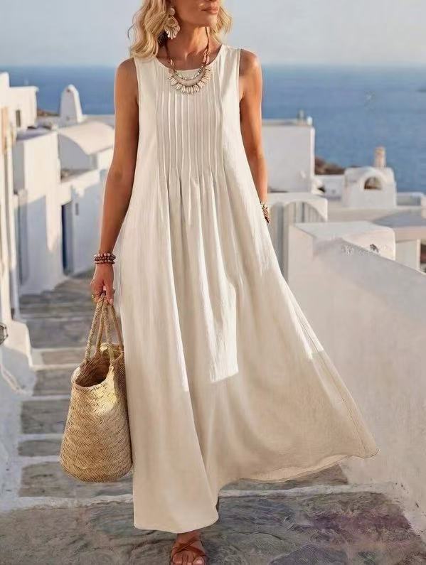 Robe longue de vacances plissée en mélange de lin avec poches