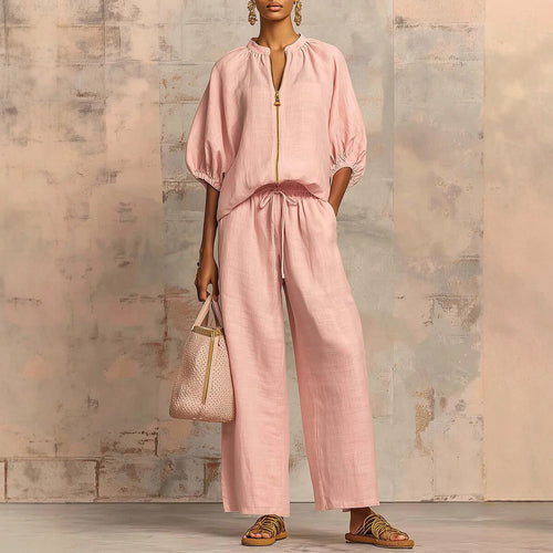 New arrival🔥 Two-piece linen and cotton set: stylish and comfortable zipped shirt and wide-leg trousers