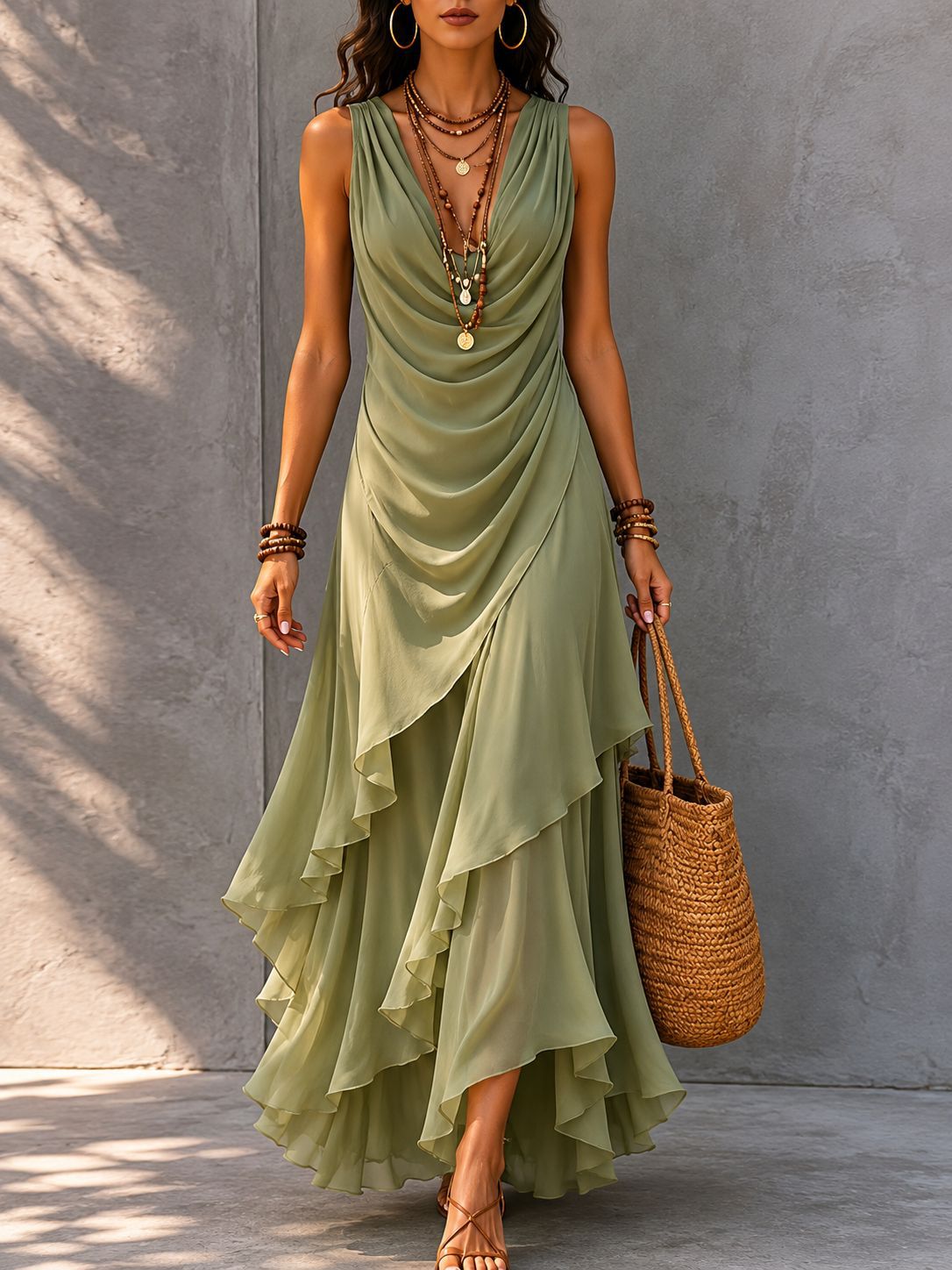 Robe longue asymétrique à volants, sans manches, avec col en V drapé