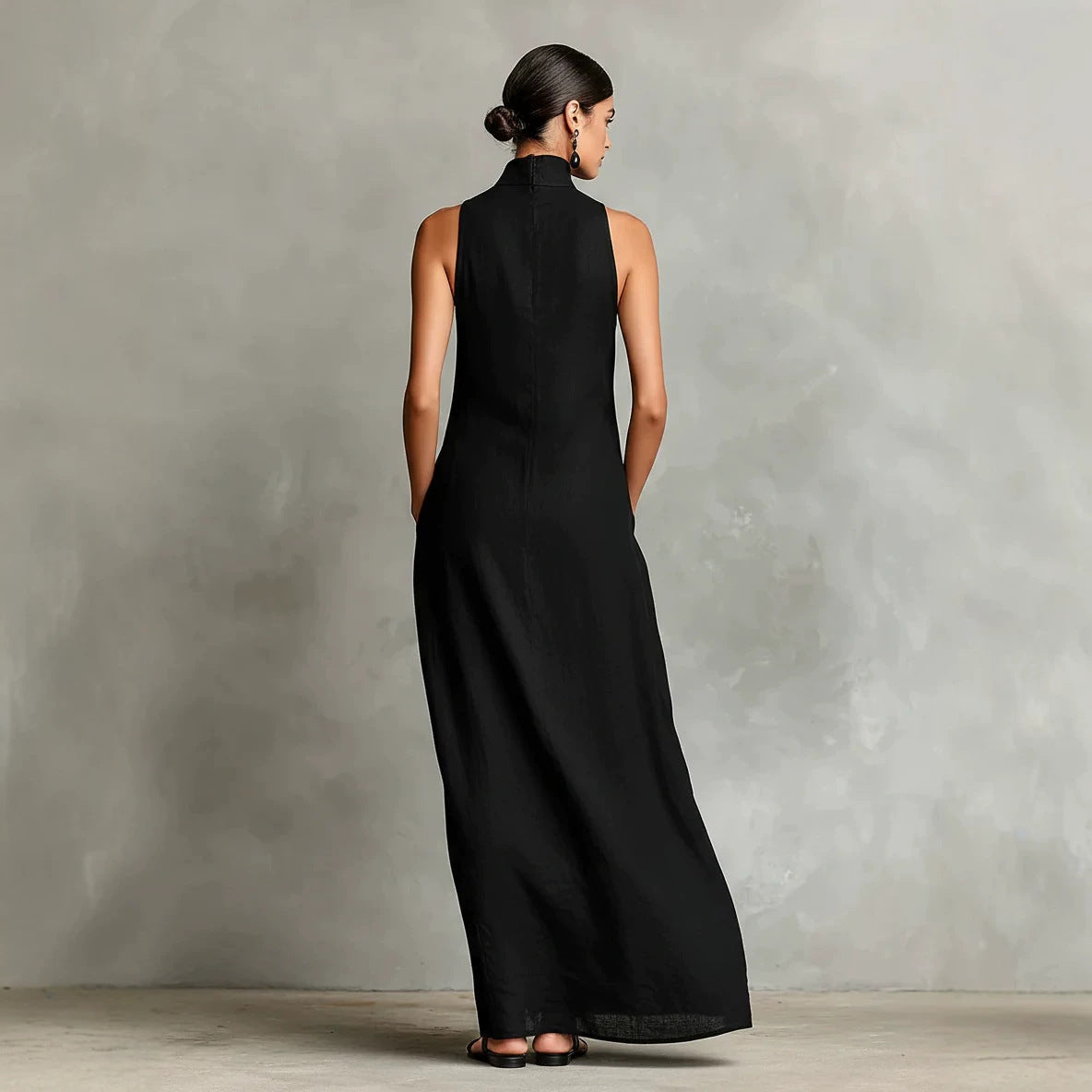 Robe longue sans manches en lin à col montant