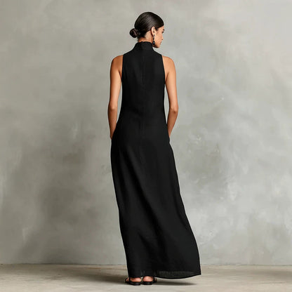 Robe longue sans manches en lin à col montant