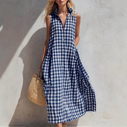 Robe longue ample sans manches à carreaux pour femme, style bohème, idéale pour les vacances d'été à la plage.