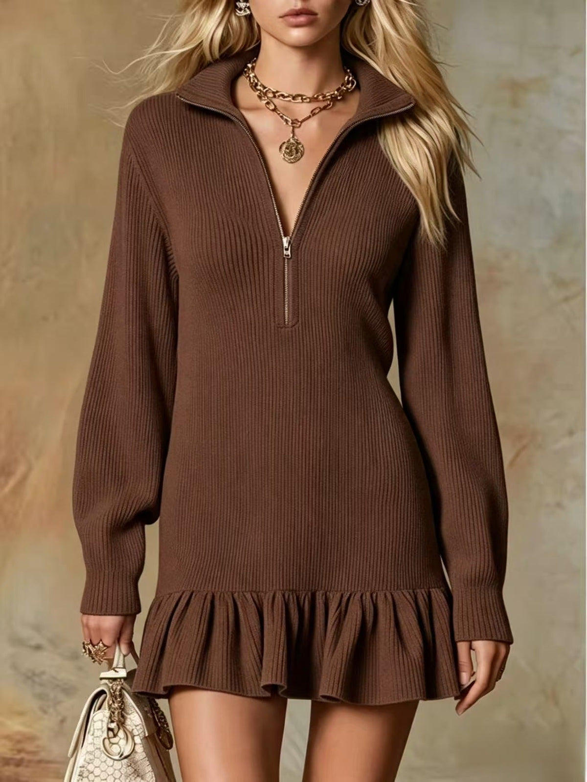 Robe pull col montant mi-zippé en maille côtelée à ourlet volanté