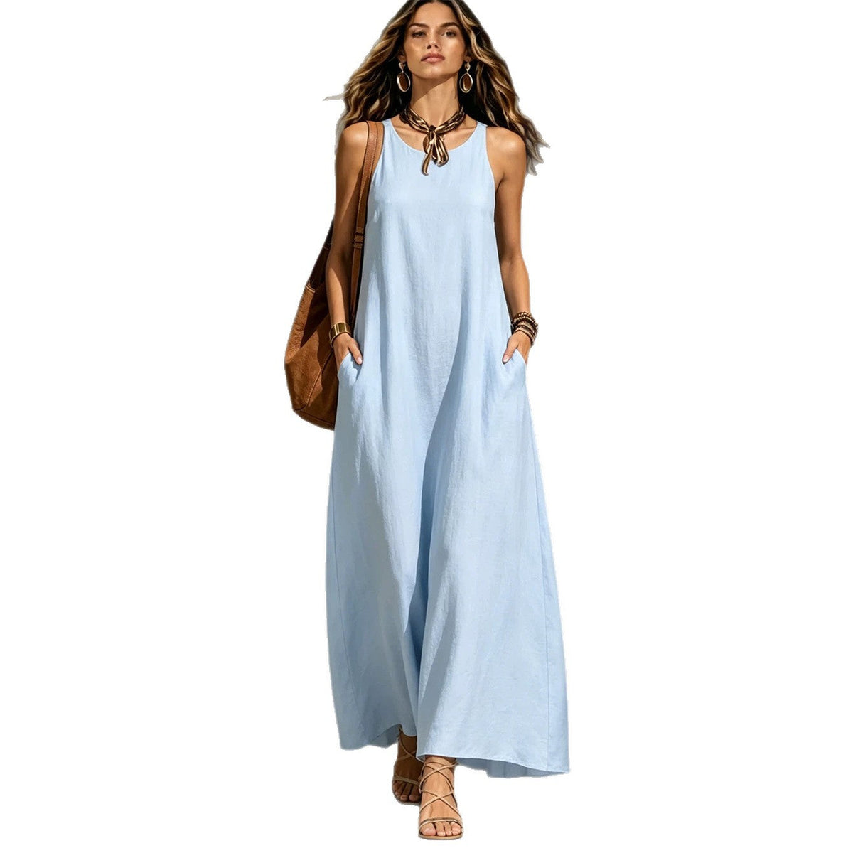 Robe longue texturée sans manches à encolure ronde et poches, coupe tente