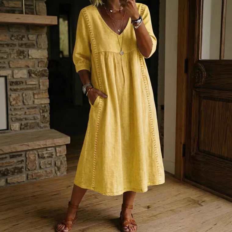 Elegant V-Neck Linen Blend Midi Dress with Lace Inserts and Pockets | Women's Casual Summer Dress