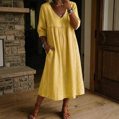 Elegant V-Neck Linen Blend Midi Dress with Lace Inserts and Pockets | Women's Casual Summer Dress