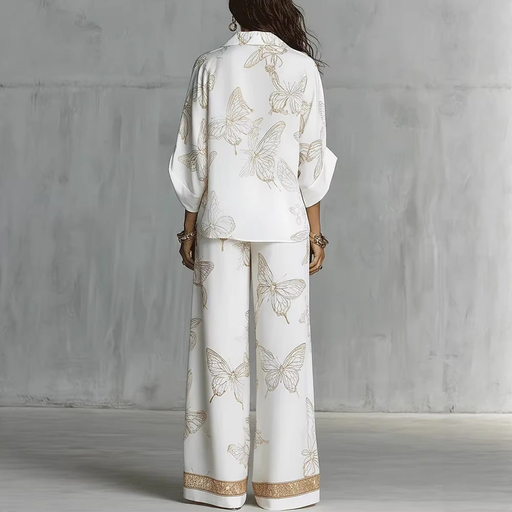 Ensemble deux pièces pantalon large taille haute, tenue de vacances élégante en satin de luxe