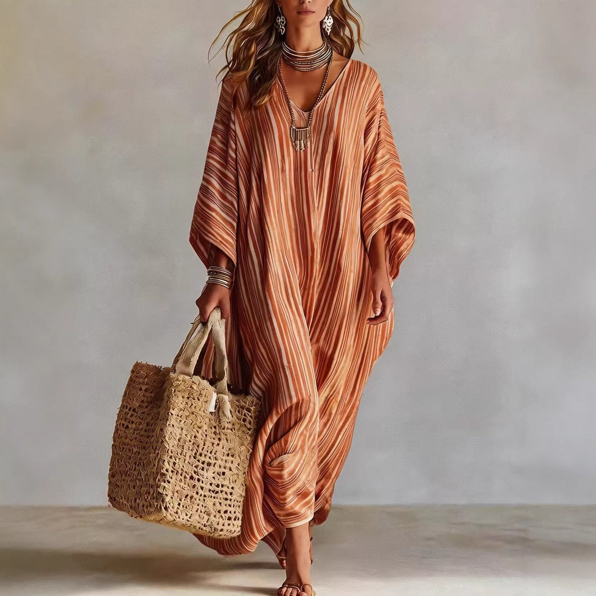 Robe longue kaftan rayée légère en mélange de lin pour femme – Paréo de plage oversize col en V