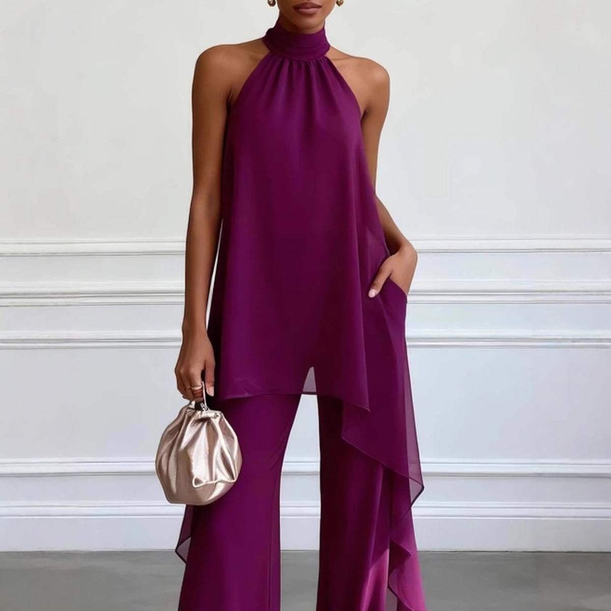 Ensemble pantalon deux-pièces patte large en mousseline de soie violet foncé élégant à col licou
