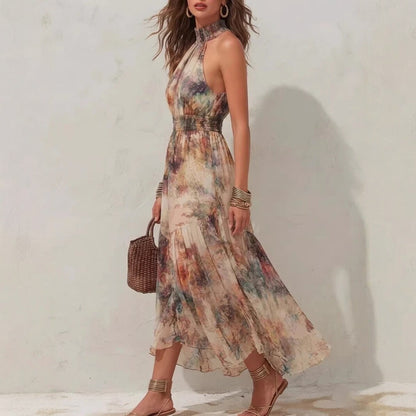 Robe de vacances évasée et volantée sans manches à imprimé aquarelle vintage