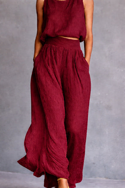 Ensemble assorti en lin texturé Chartreuse, débardeur sans manches et pantalon ample taille haute
