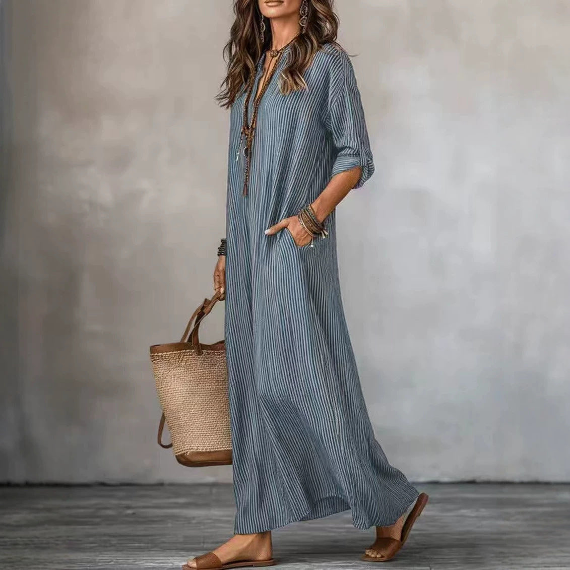 Robe longue texturée froissée à col en V, manches courtes et coupe ample