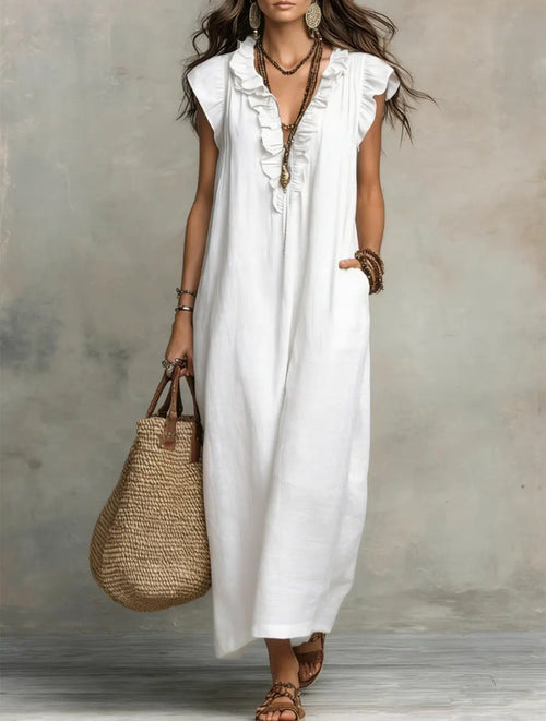 Robe longue bohème en lin à volants et col en V