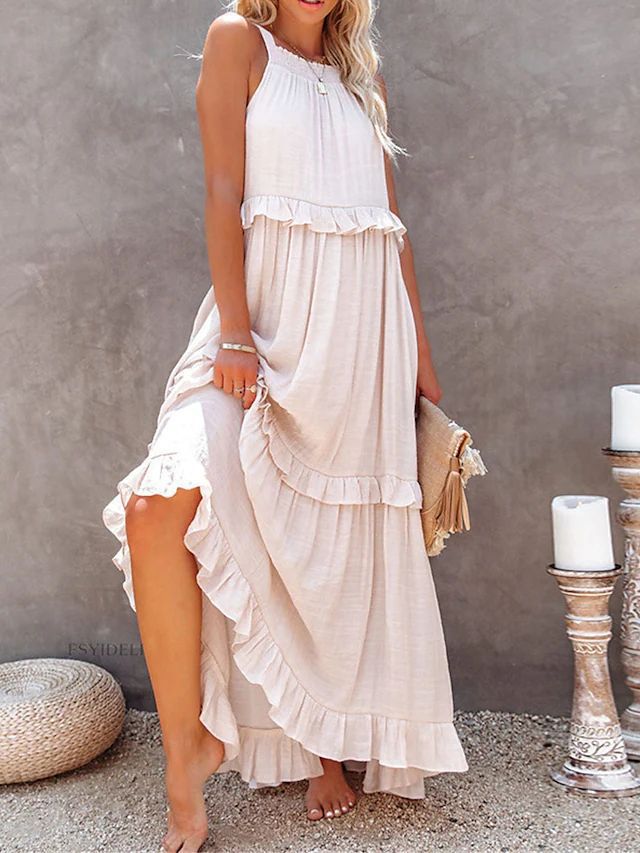 Robe longue fluide à volants et plusieurs niveaux, coupe halter