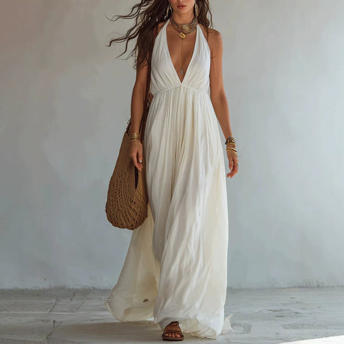 Robe longue en mousseline fluide avec col licou, décolleté en V profond et taille empire froncée