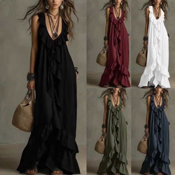 Robe rétro décontractée urbaine bohème à col en V, manches courtes et volants