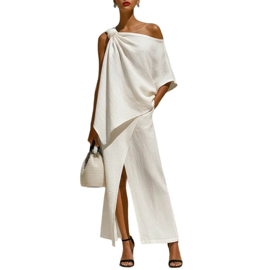 Ensemble deux pièces asymétrique en lin blanc noué