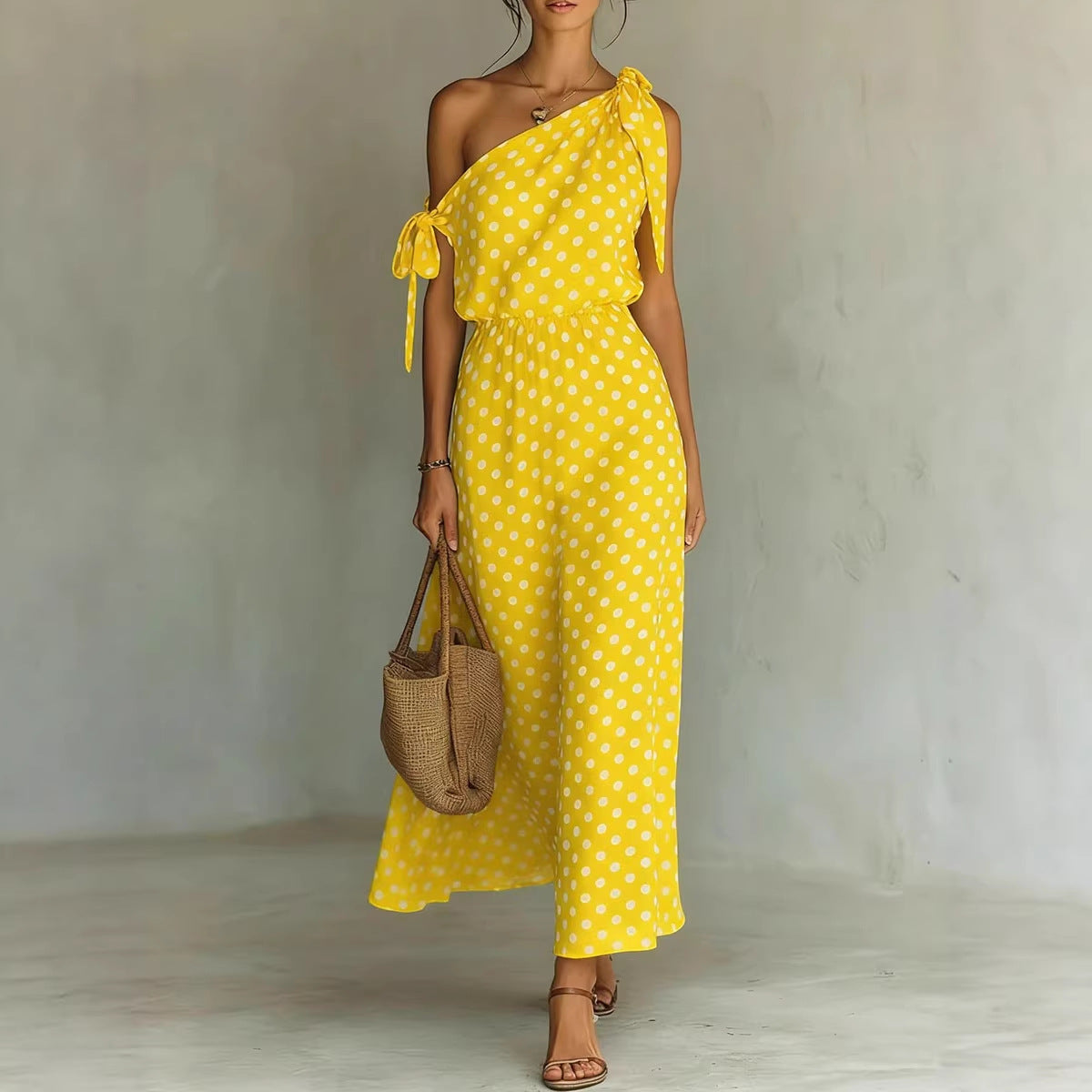 Robe longue asymétrique à pois pour femme
