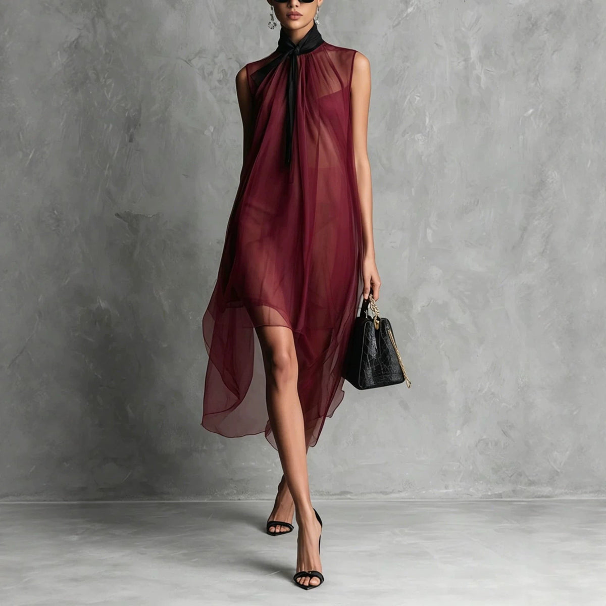 Robe midi asymétrique sans manches en maille transparente avec col à nouer