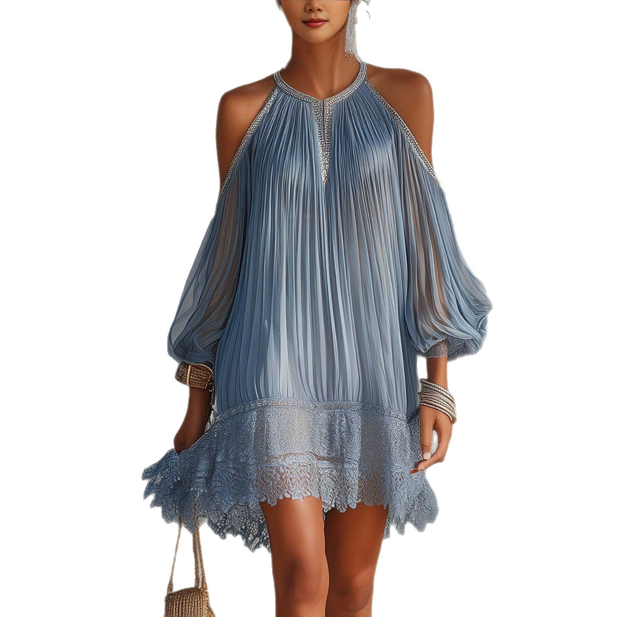 Robe trapèze plissée bleu pâle à épaules dénudées