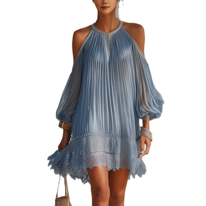 Robe trapèze plissée bleu pâle à épaules dénudées