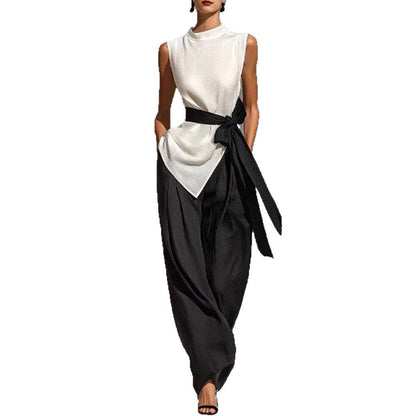 Ensemble deux pièces pour femme : haut sans manches à lacets et à couleur contrastante + pantalon à jambes larges