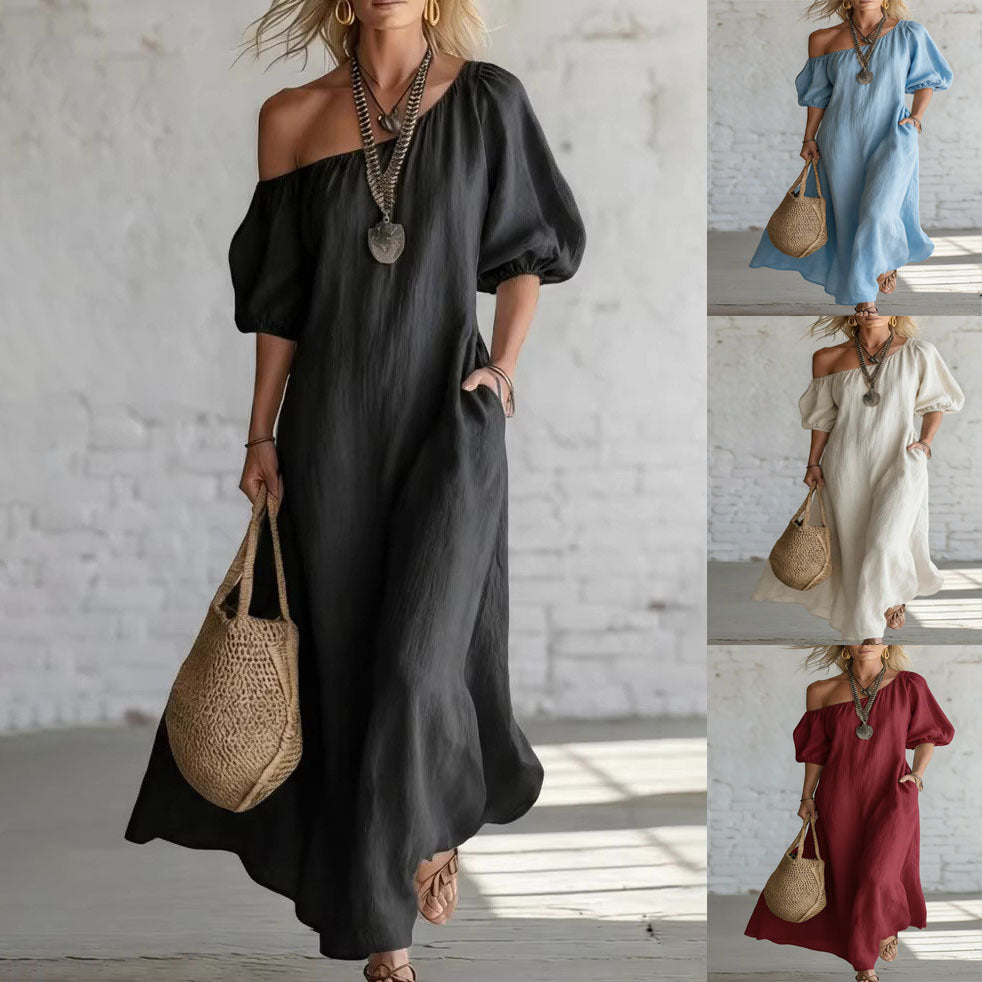 Robe longue en lin mélangé à épaules dénudées sans effort