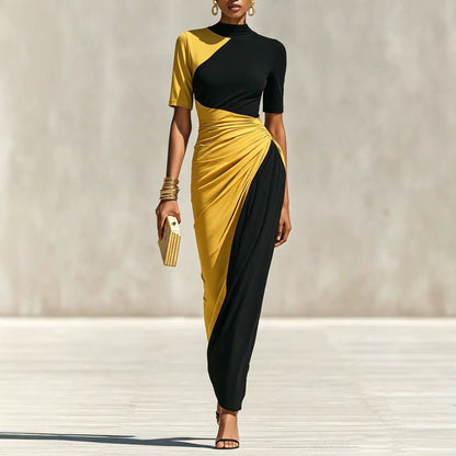 Robe fourreau midi asymétrique à blocs de couleur, froncée et à col montant